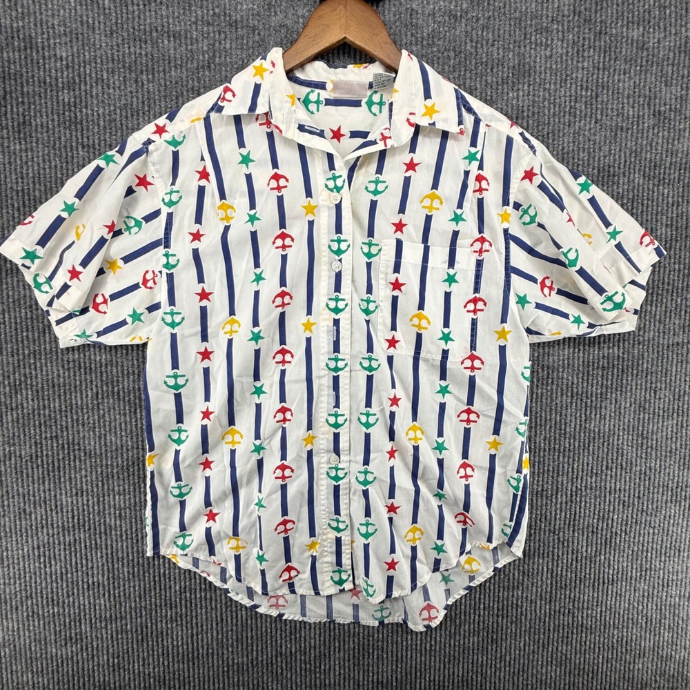 Huntington Ridge Button Up Shirt Mens M White Good Vintage Nautical Anchor Star